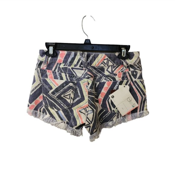 Roxy Button Fly Colorful Aztec Tribal Fringe Boho Jean Shorts Size 25 - Picture 2 of 8